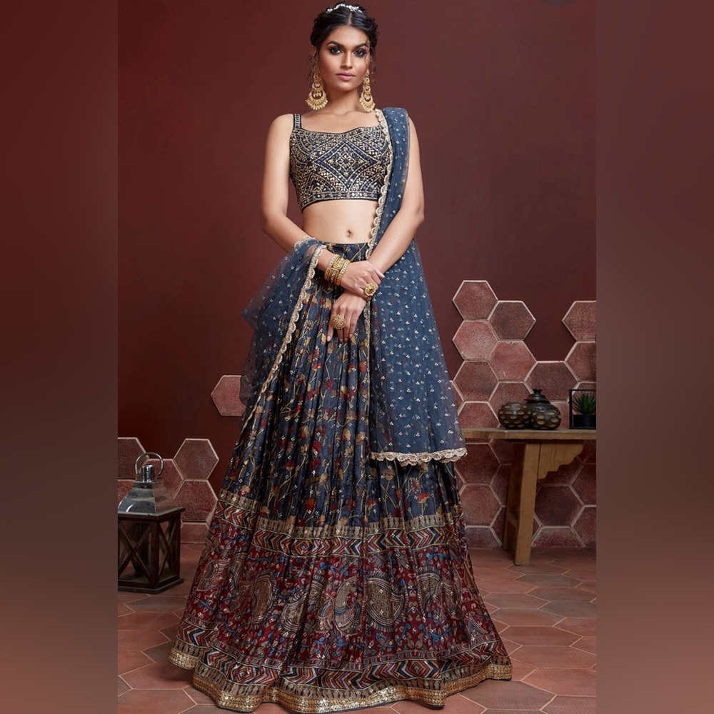Blue Art Silk Lehenga With Embroidered Choli